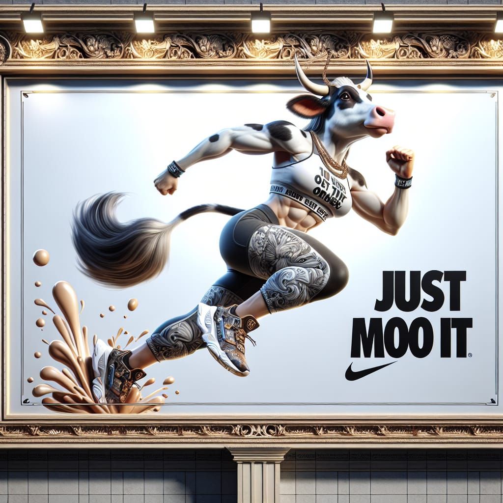 Female Cow Athlete on Billboard in Photorealistic Style