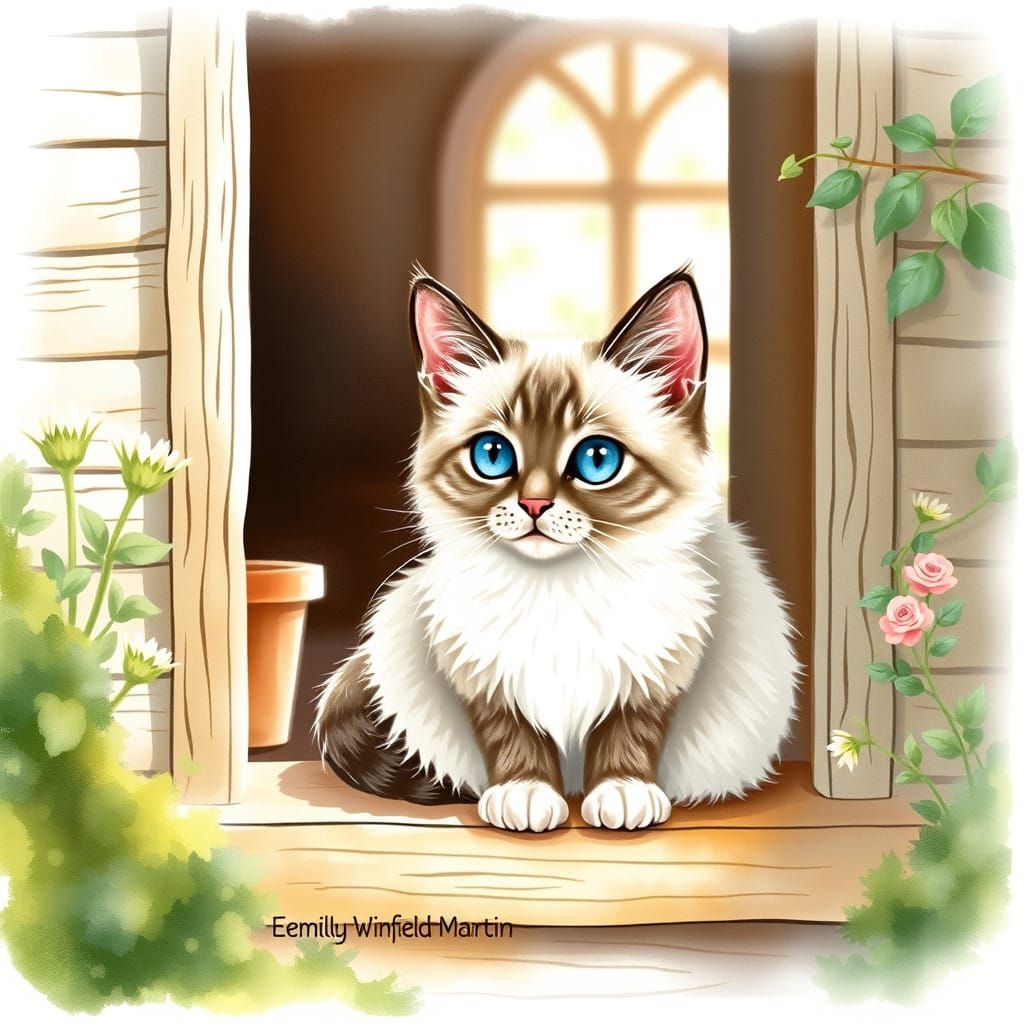 Whimsical Ragdoll Cat at Charming Wooden Doorstep