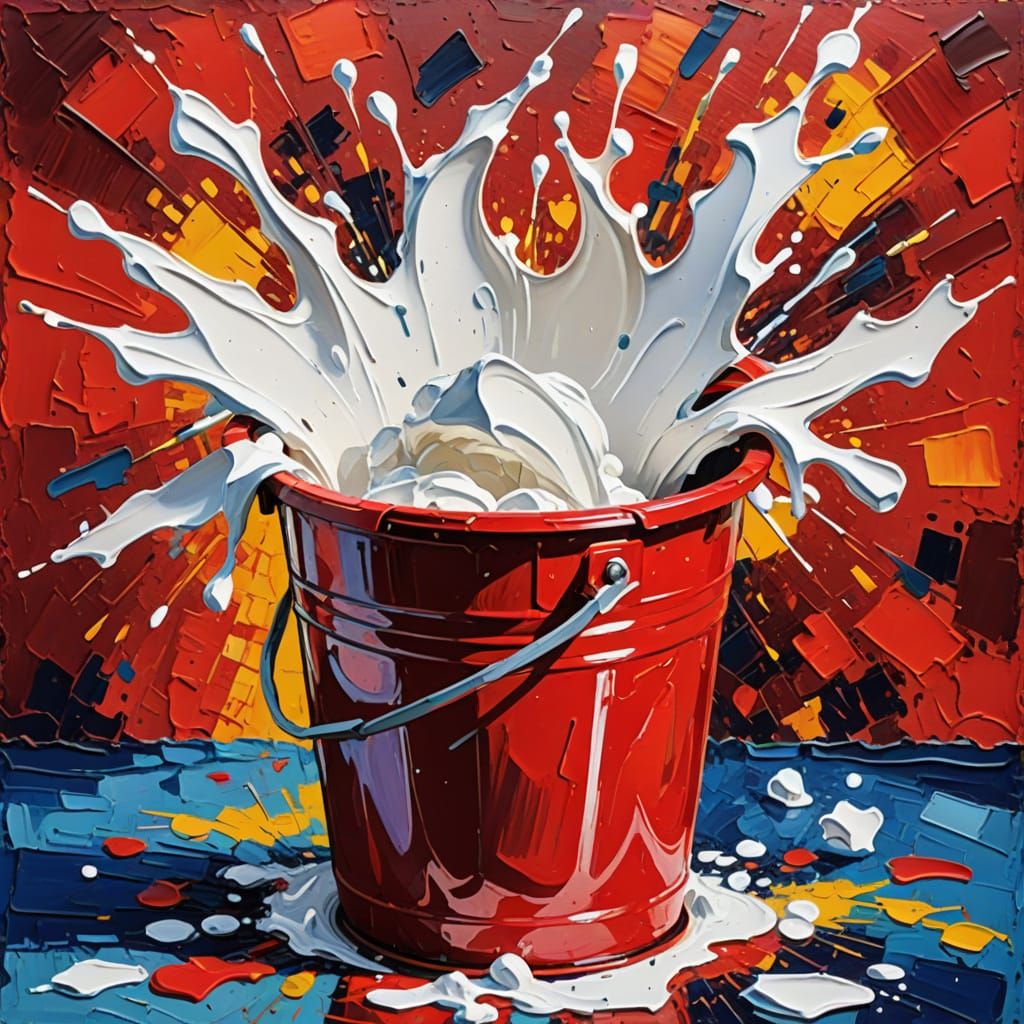 Action paintjng thrown bucket of white on red