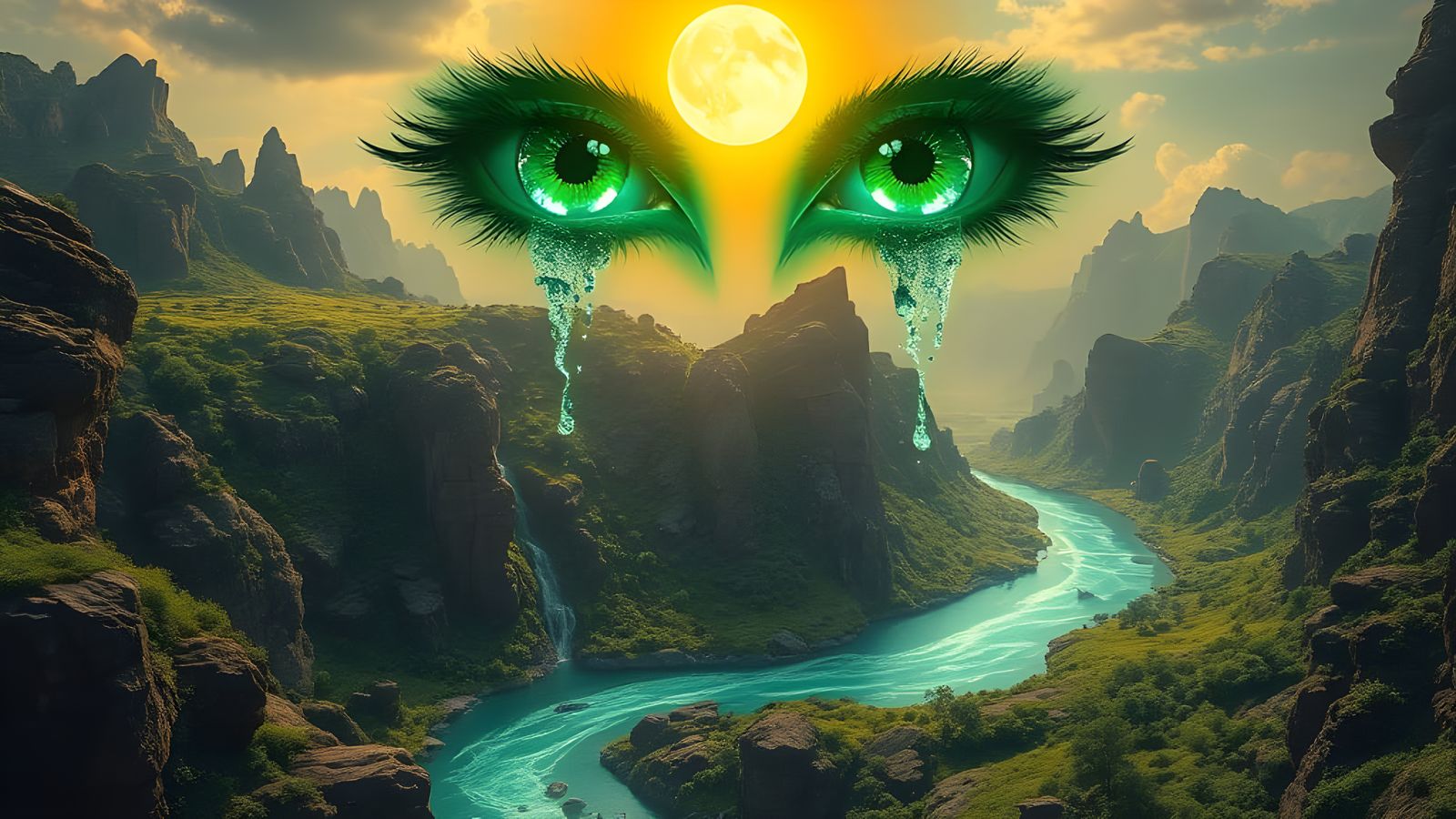 Surreal Landscape with Emerald Eyes and Twisted Rock Formati...