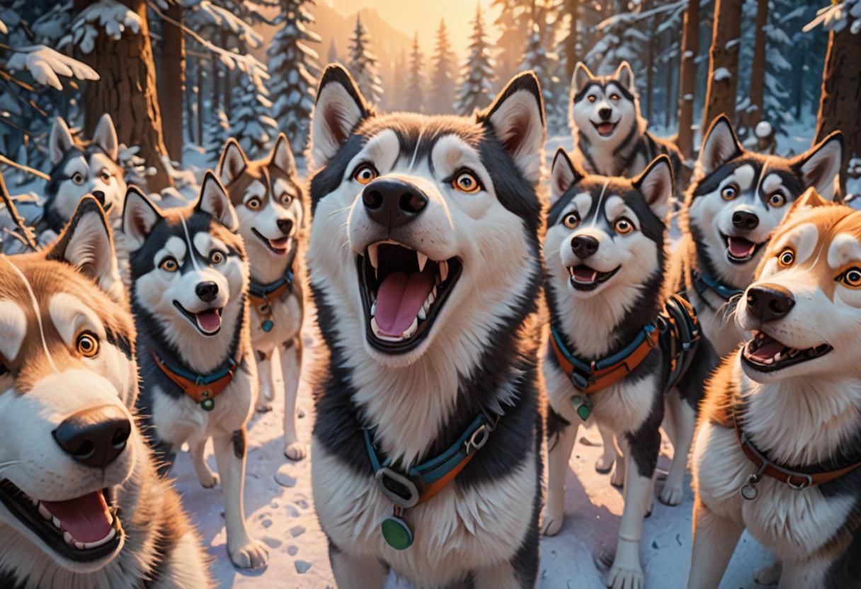 Huskies in Forest: Pixar-Style 3D Digital Art