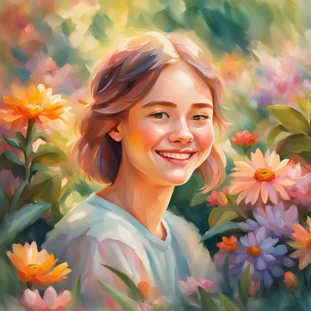 Smiling Woman in Impressionist Garden: Digital Portrait