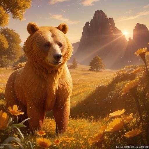 Honey Bear in Lush Meadow: Pixar-Style 3D Digital Art
