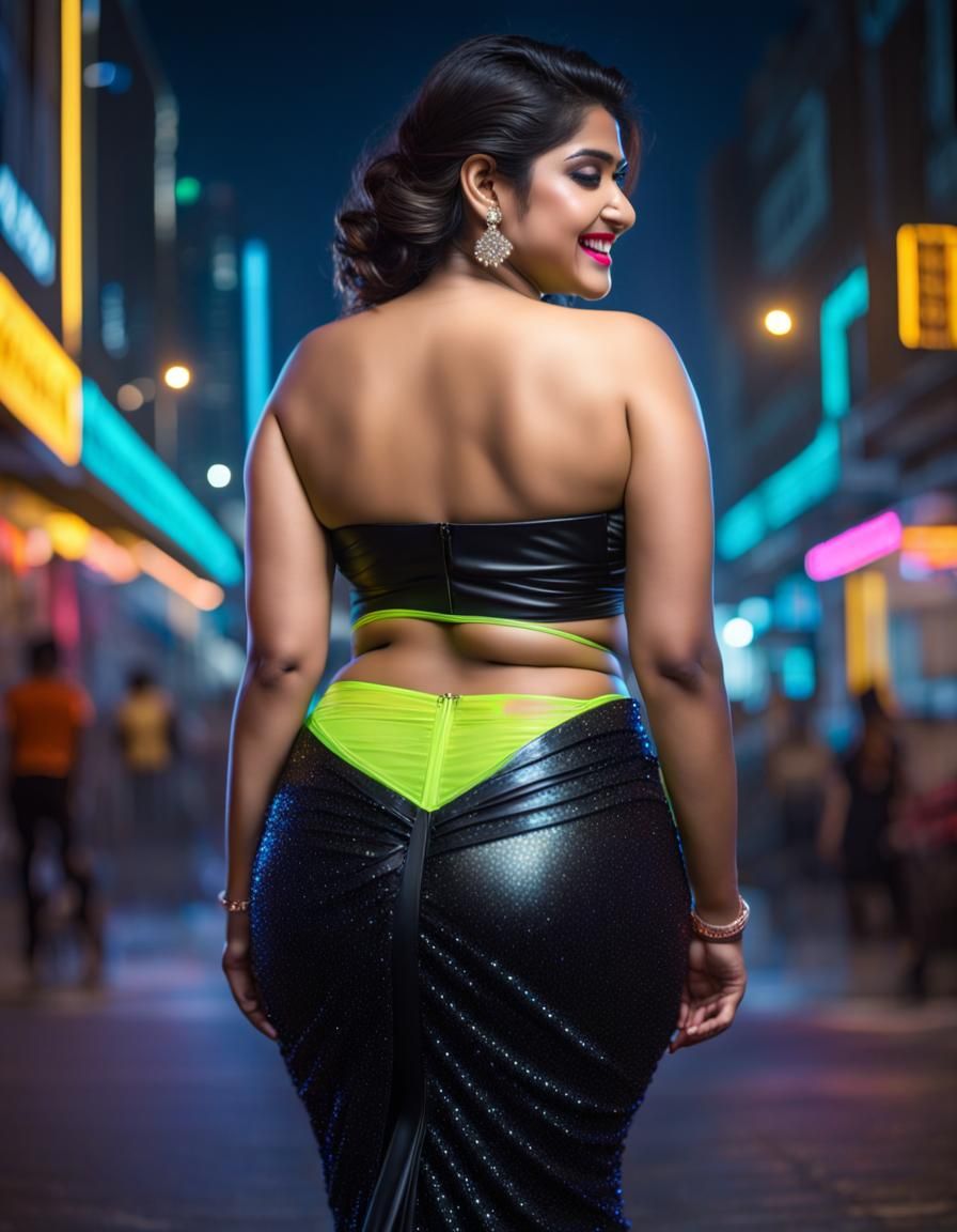 Neon City Night: Hyperrealistic Woman in Saree
