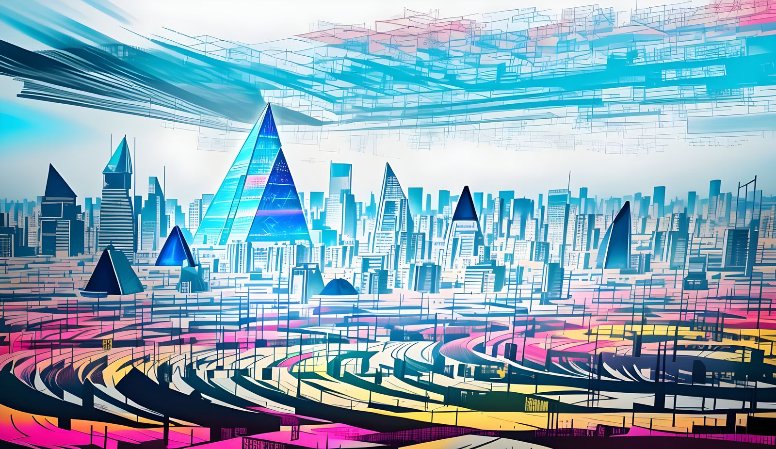 Pink and Gold Futuristic City with Pyramids as Colorfield Pa...