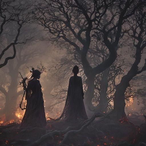 Celtic Women in Misty, Moonlit Samhain Landscape
