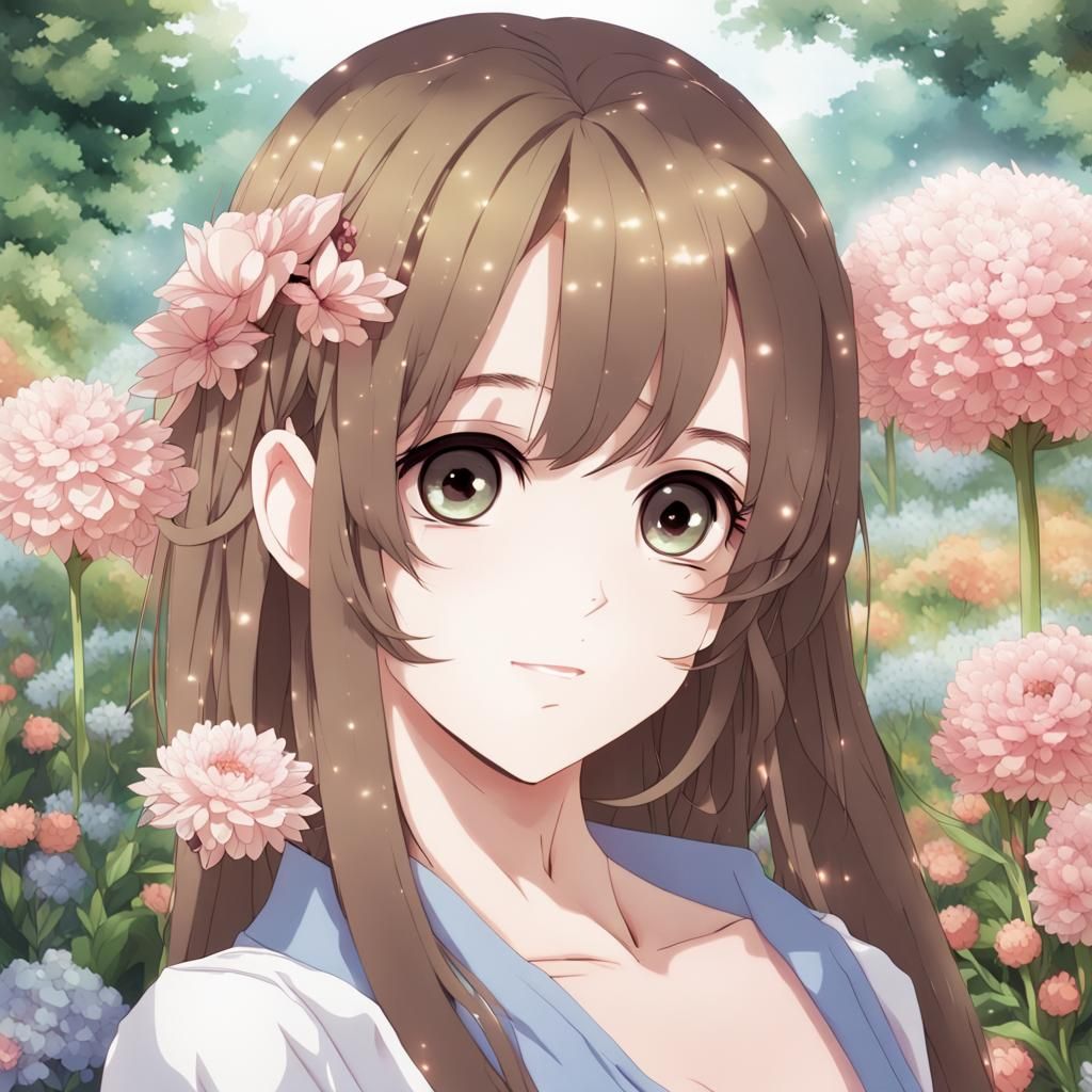Anime Girl in Flower Garden: Beautiful and Cute