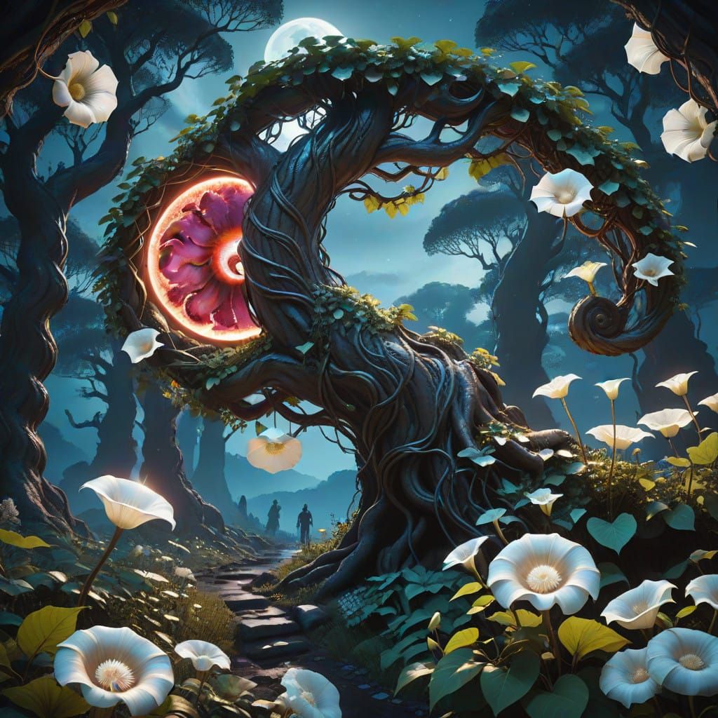 Surreal Blood Moon Scene with Majestic Subject and Lush Fore...