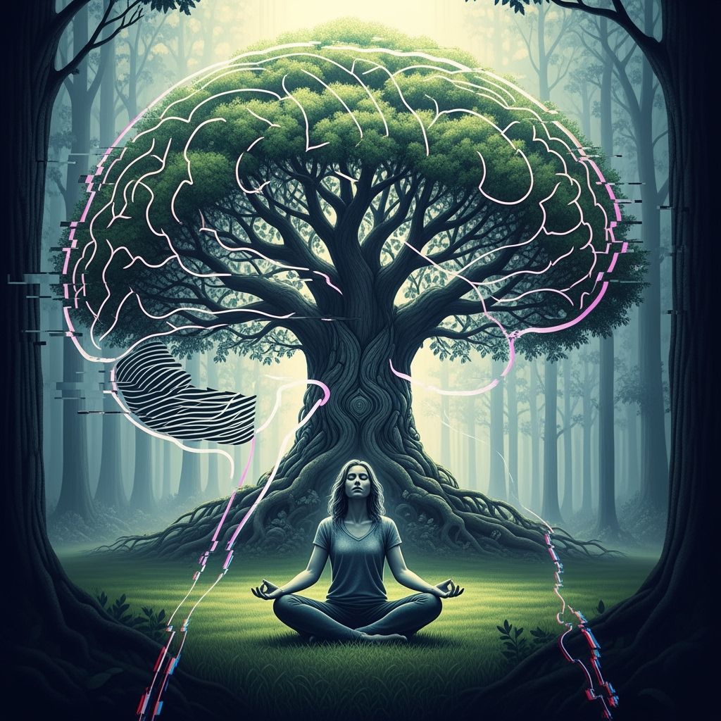 Meditating Woman Under Tree of Life with Glitched Brain