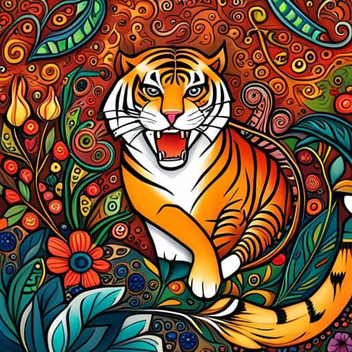 Autumn Tiger Cornucopia in Mixed Art Styles