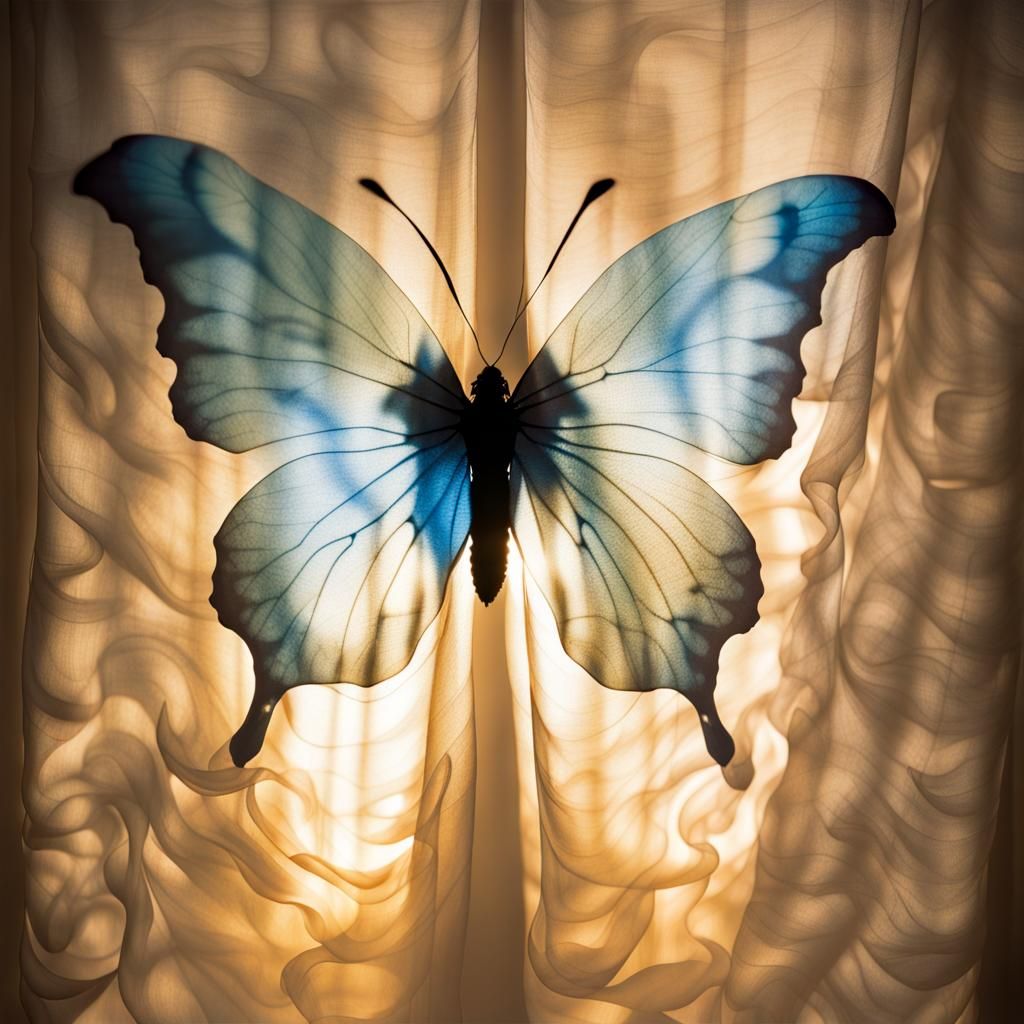Opalescent Butterfly Silhouette on Silk Drapery