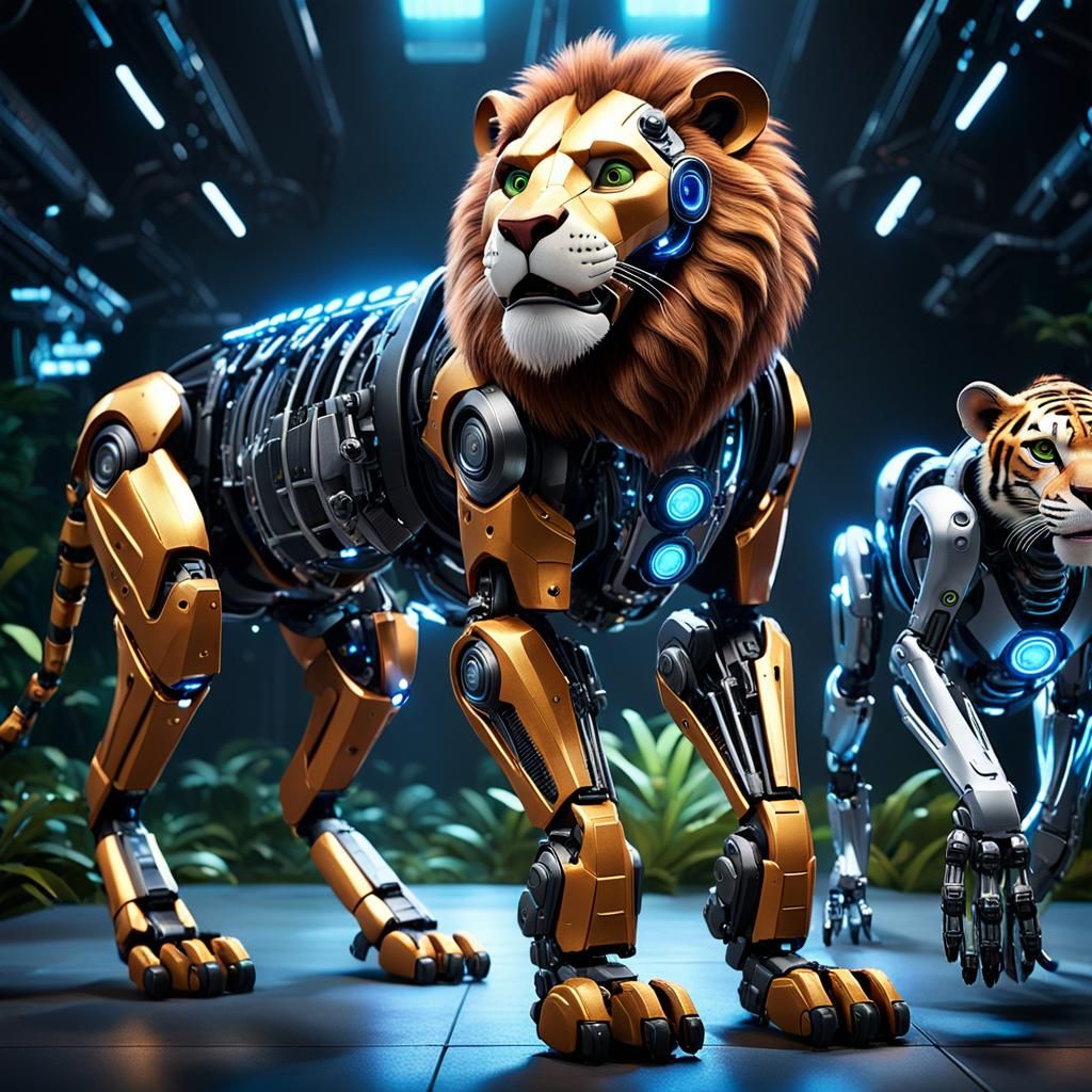 A cybernetically enhanced lion with bionic limbs
