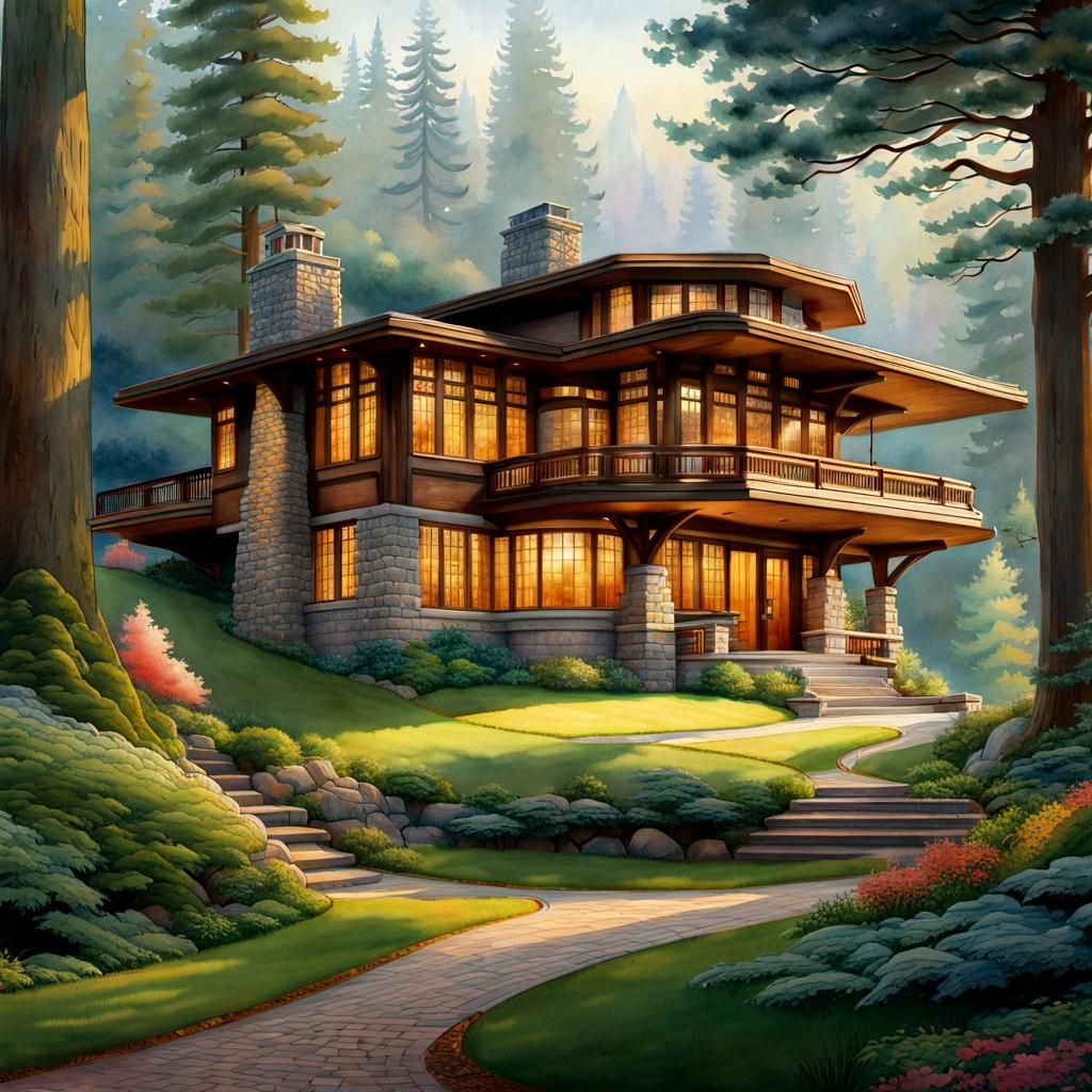 Cliffside Chalet in Misty Forest: Art Deco Landscape