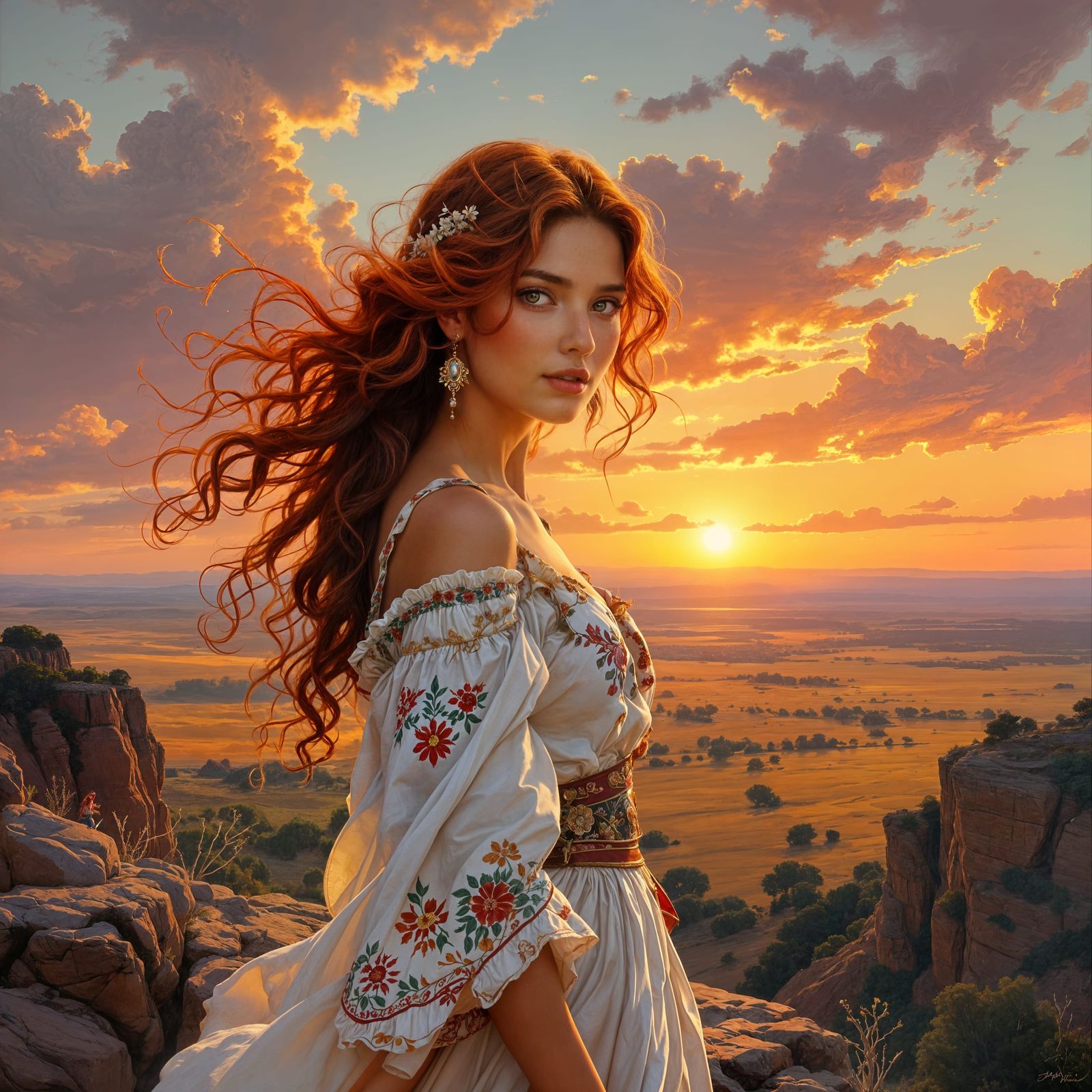 Woman with Red Hair Overlooking Savannah, in Oil Painting St...