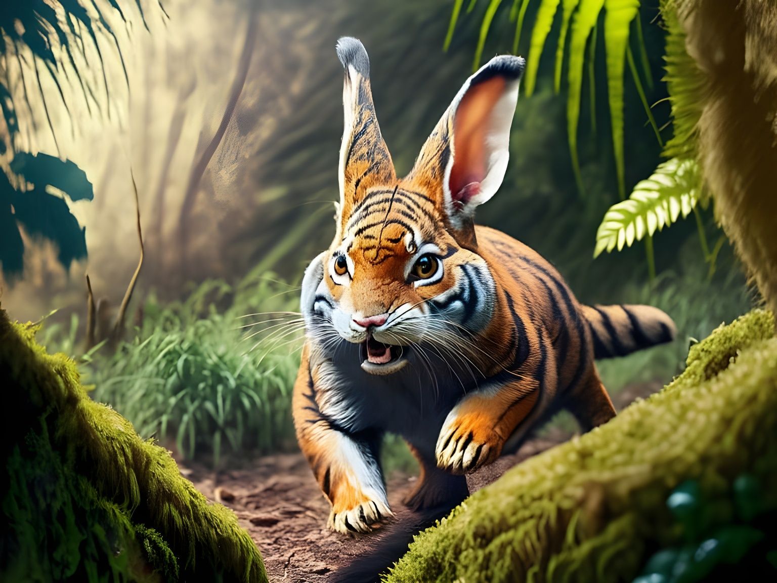 Tiger-Rabbit Hybrid Chasing Mouse in Jungle