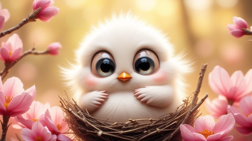 Grumpy Baby Bird in Nest, Whimsical Watercolor