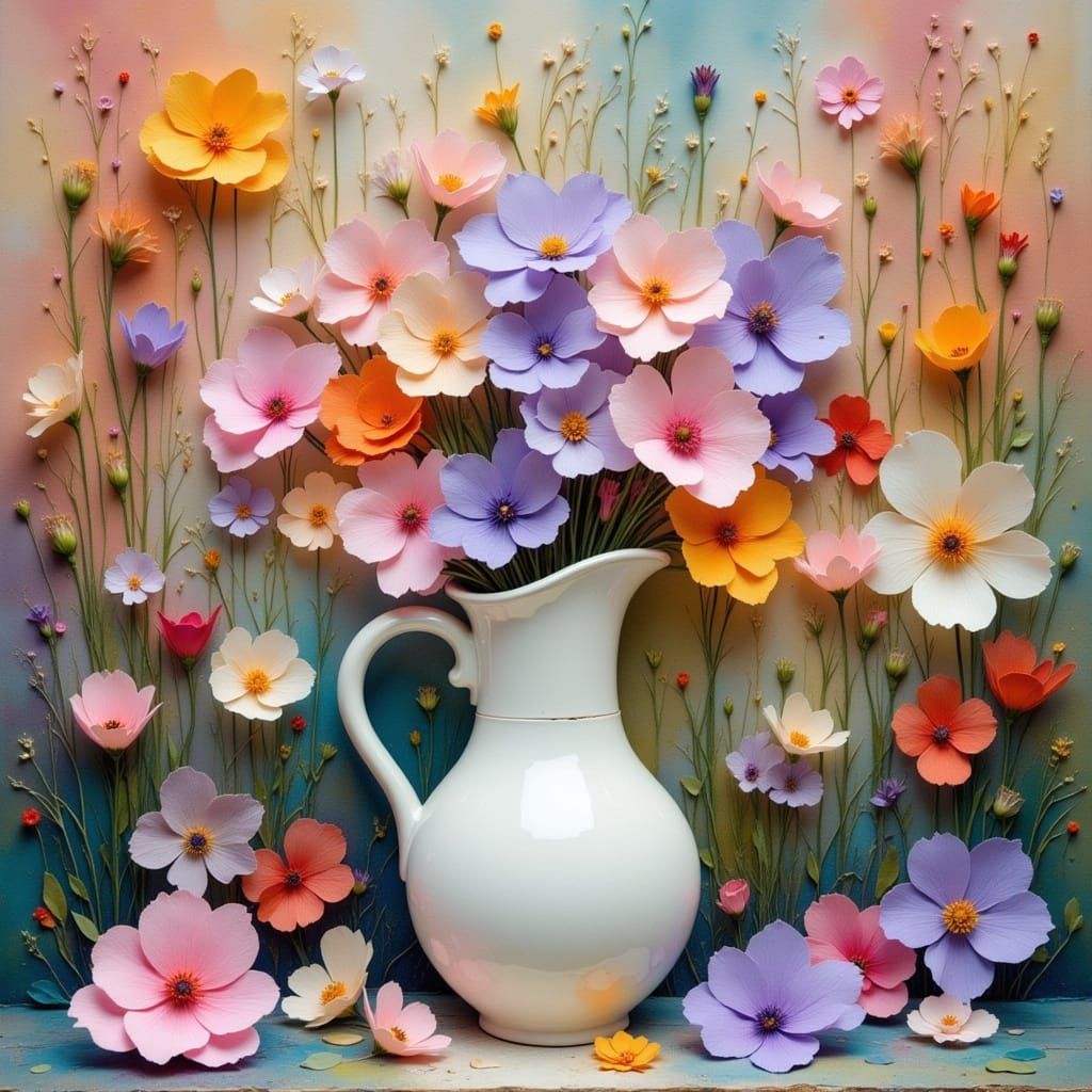 Pastel Flowers in Porcelain Hand Vase, Dark Whimsy Style