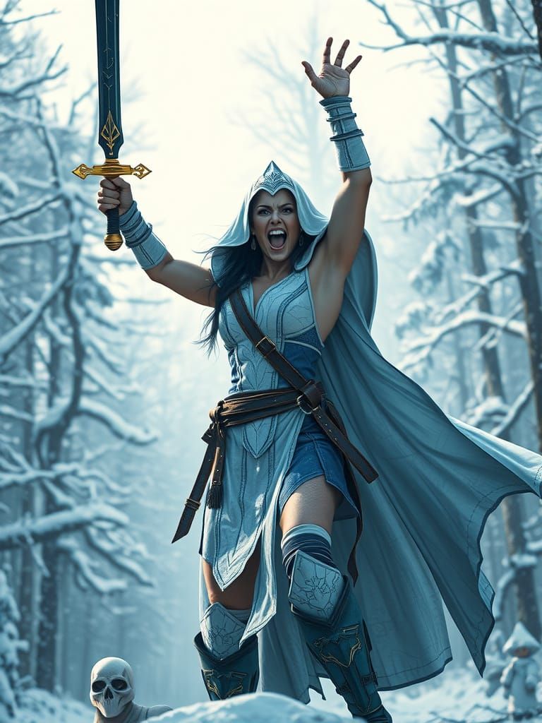 Sindel Victorious in Winter Forest, Hyperrealistic Art