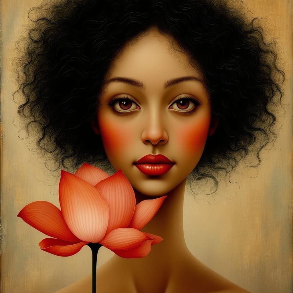 Close-Up Portrait of a Young Black Woman Holding a Lotus Flo...