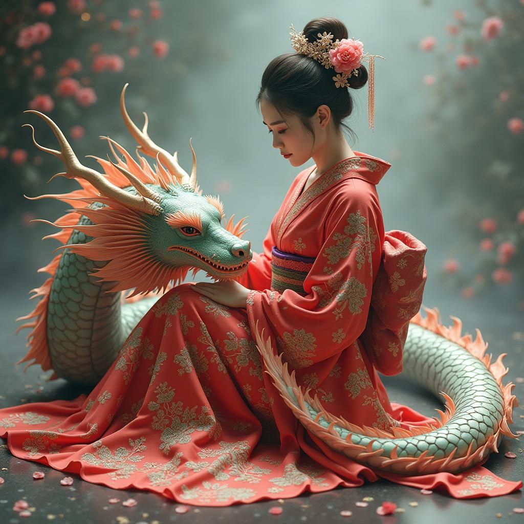 Geisha and Rainbow Dragon in Dreamlike Eastern Art