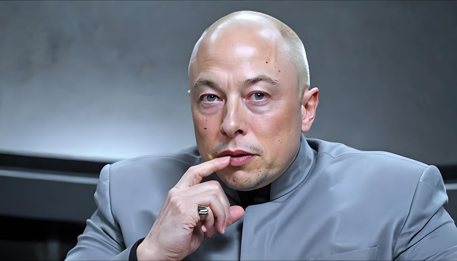 Bald headed Elon Musk as Dr Evil from the movie Goldmember