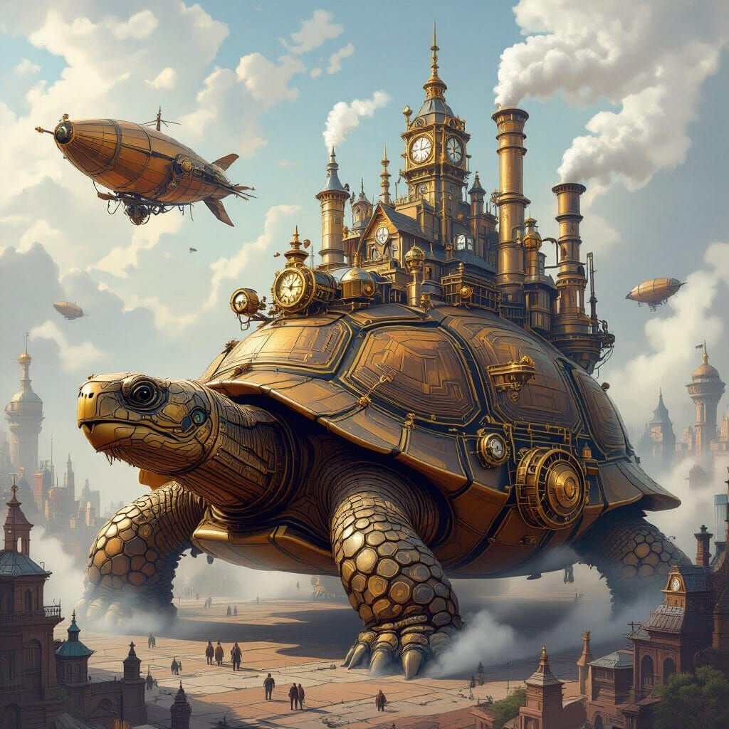 Steampunk City on Giant Tortoise Back, Fantasy Concept Art