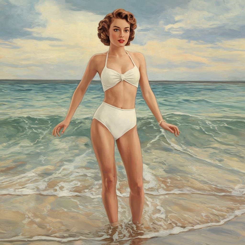 Brunette Pin-Up in White Bikini: Alphonse Mucha Fusion