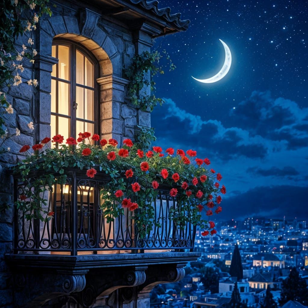 Romantic European Balcony at Night with Flowers