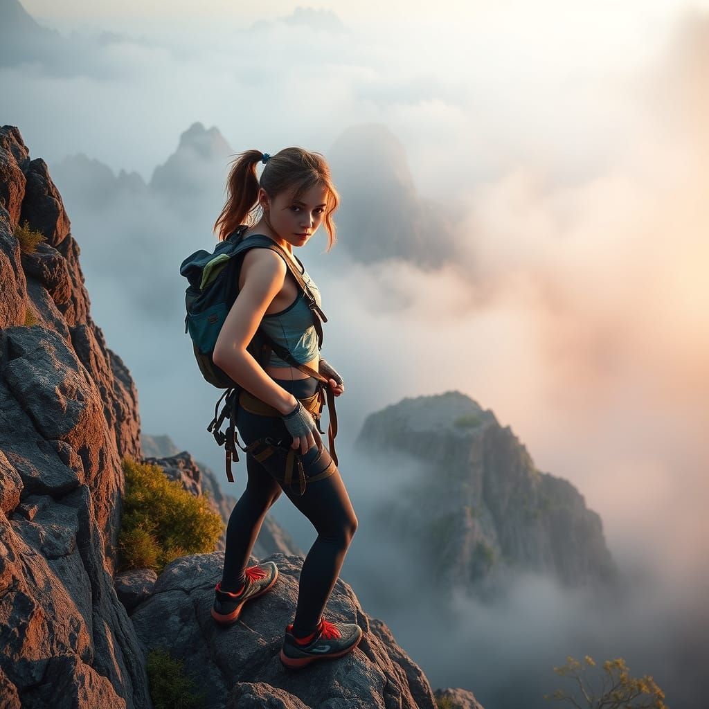 Ethereal Climber Ascends the Misty Peak