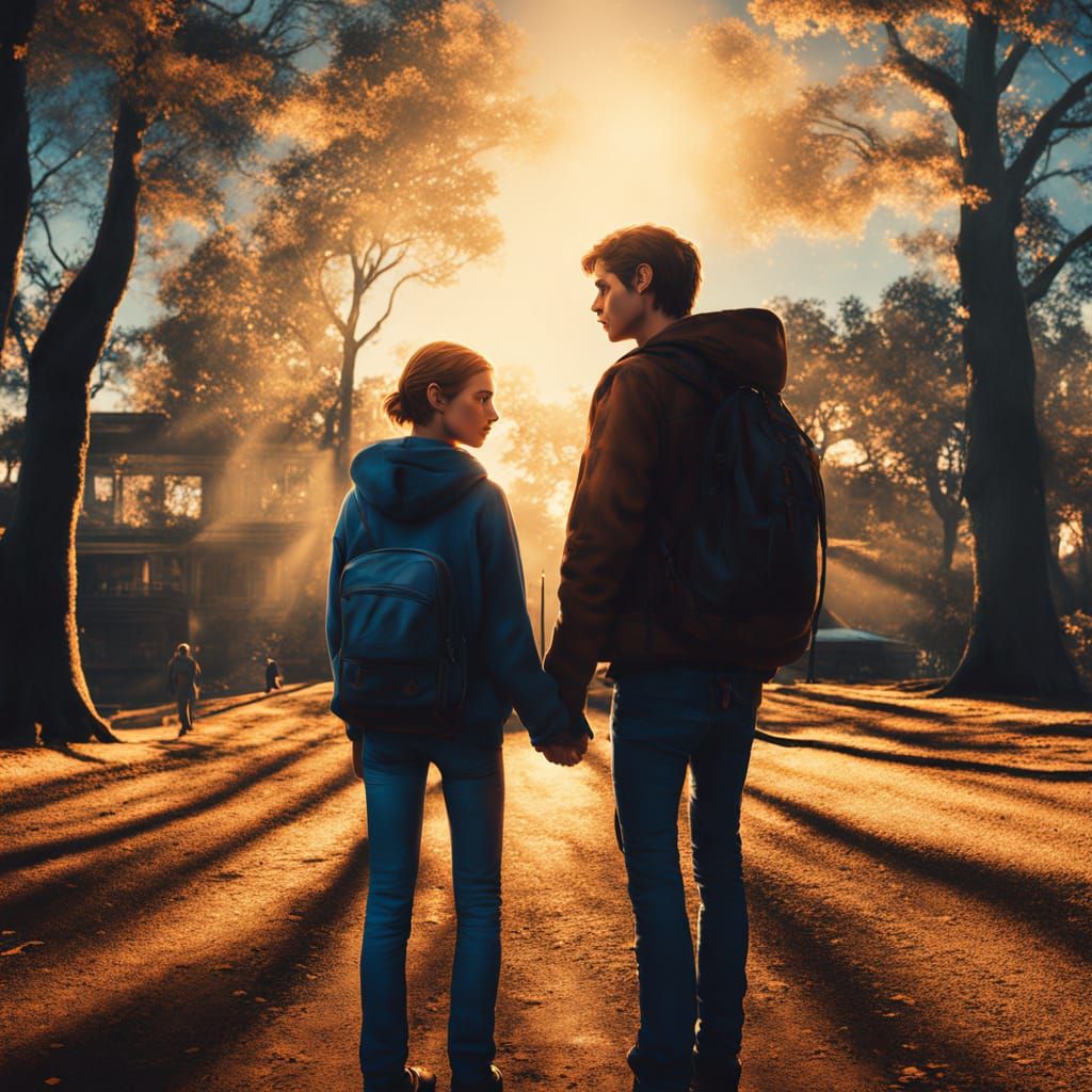 Ethereal Teen Couple Embracing in Glowing Forest