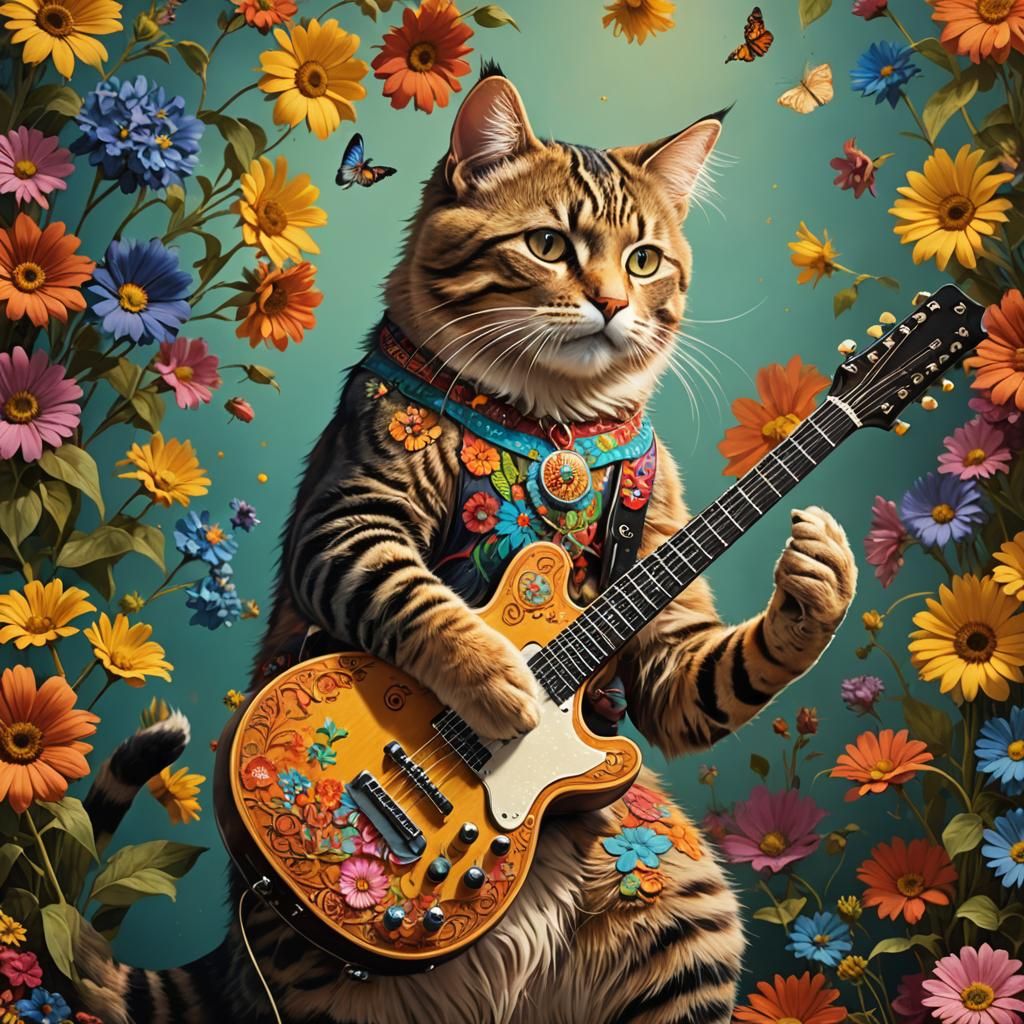 1960's flower power guitar playing cat