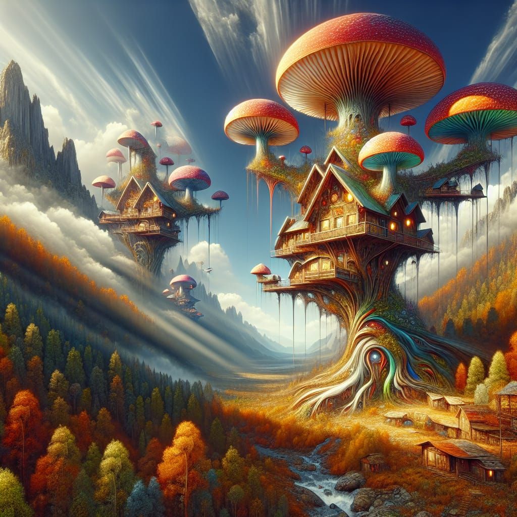 Surreal Mushroom Treehouses in a Vibrant Landscape