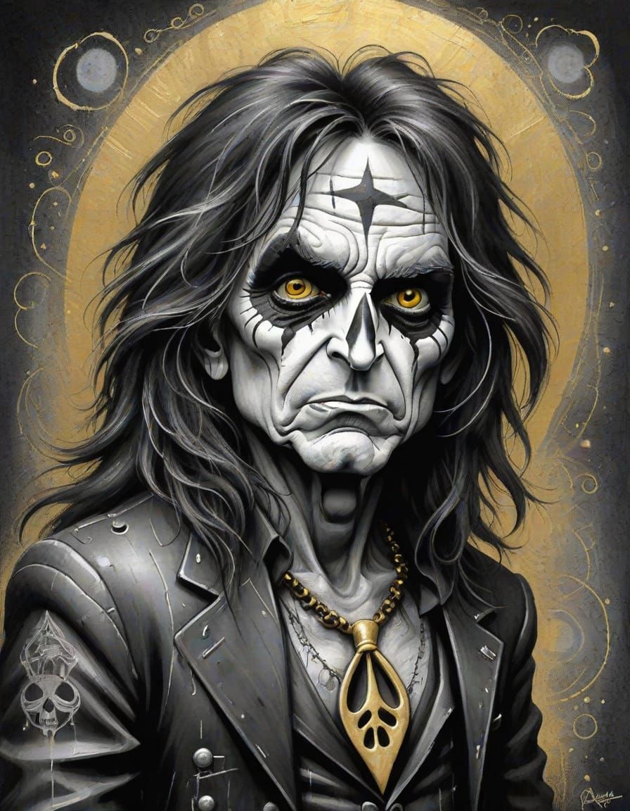 Chibi Alice Cooper in Black, White, Gold and Silver