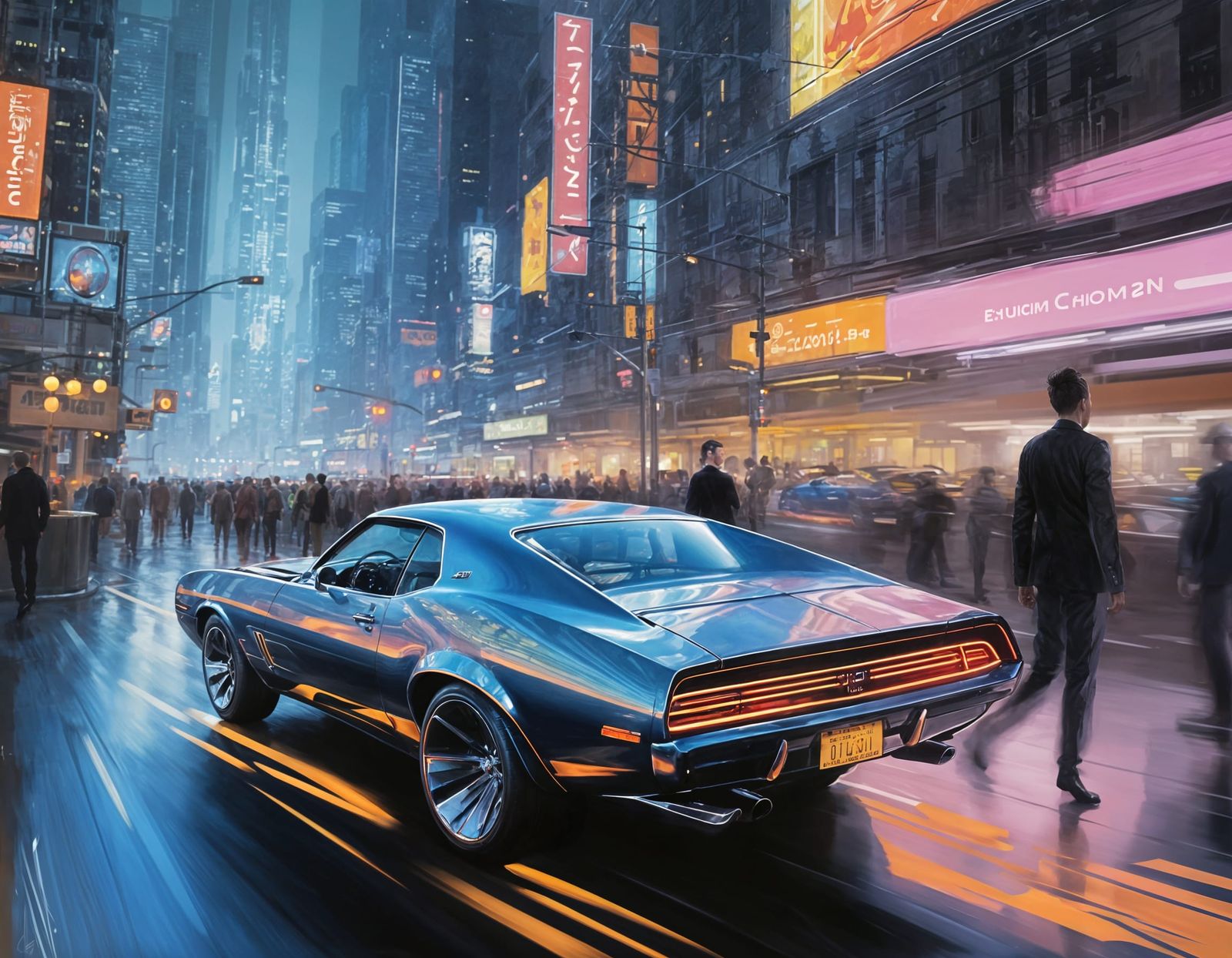 Futuristic Muscle Car Speeds Through Neon Cityscape