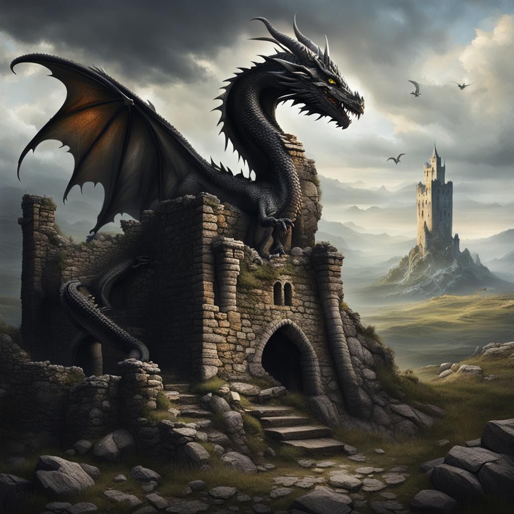 Dragon Guardian Over Ruined Tower