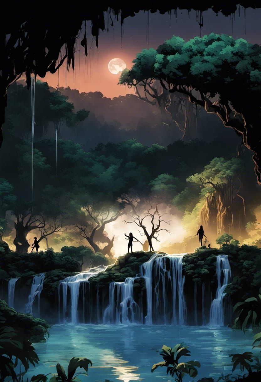 Jungle Night Journey Across Giant Tree Branch