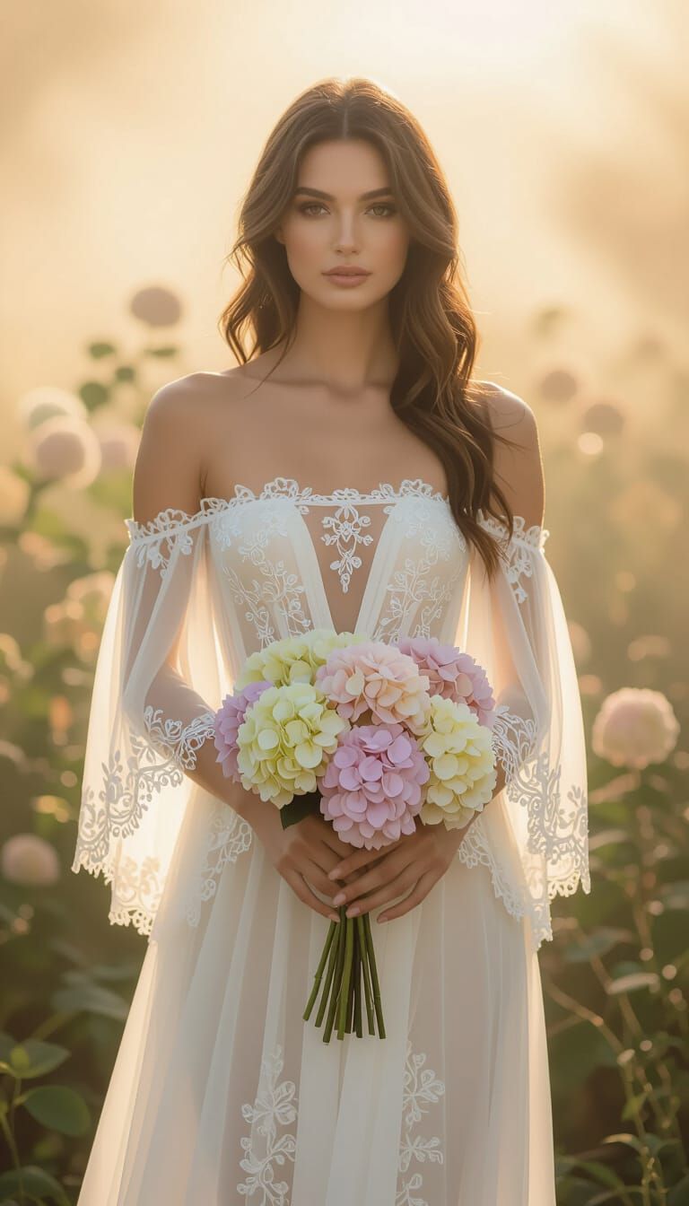 Ethereal Woman with Hydrangeas in Golden Light