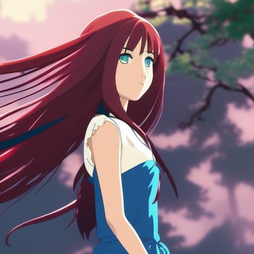 Anime princess with blue eyes, long red hair, and a dark skin tone.