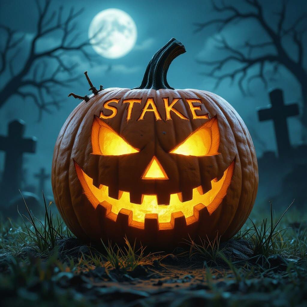 Terrifying Jack-o'-Lantern with Stitched Name Stake in Grave...