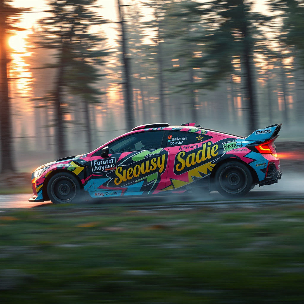 Rally car wrapped in "sexysadie" artwork