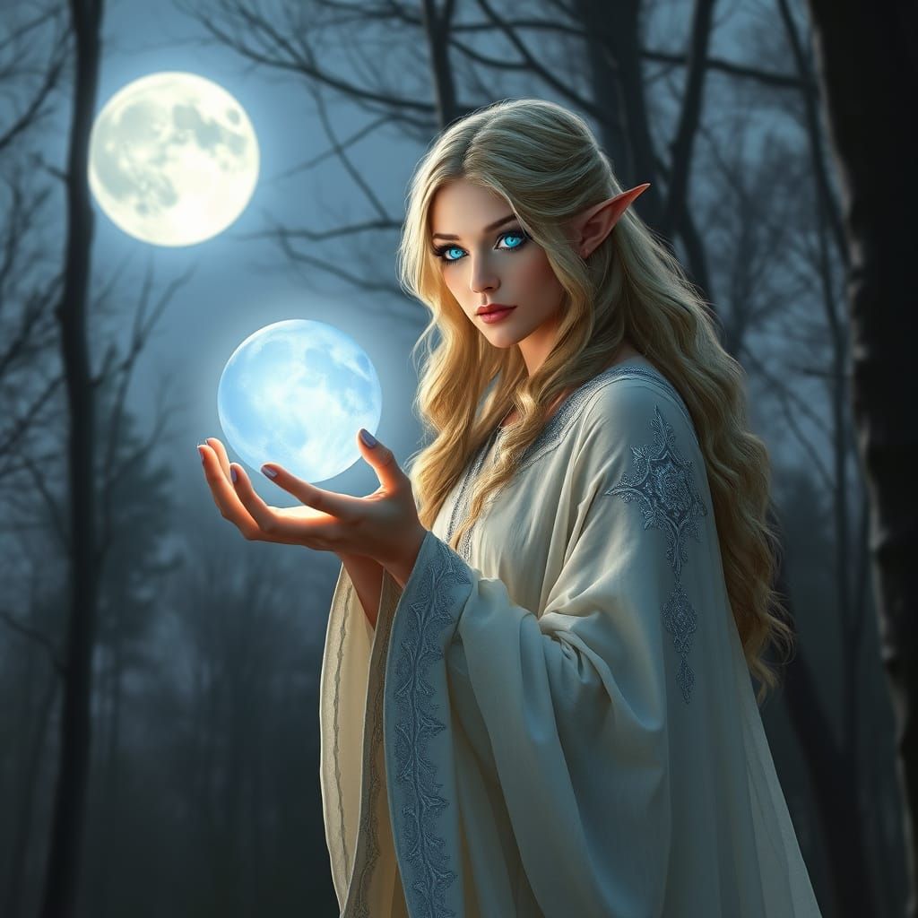 Elven Oracle Under Full Moon Illumination