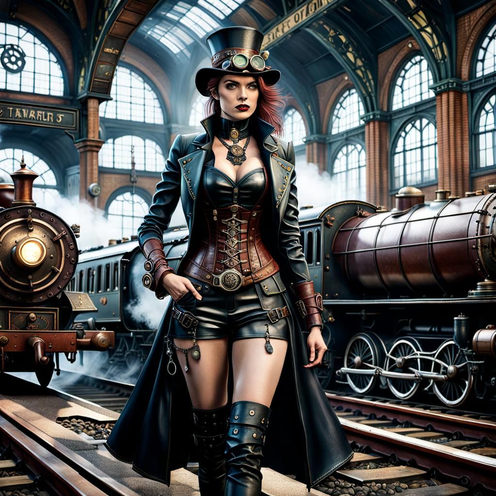 Steampunk Mistress at Train Station, Detailed Digital Art