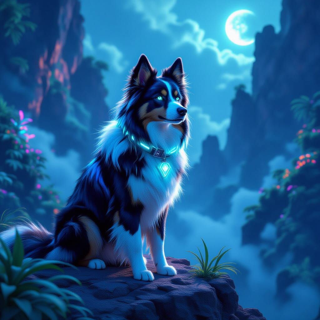 Futuristic Border Collie Overlooks Bioluminescent Jungle