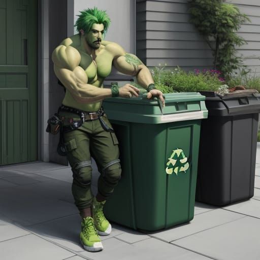 A green beefcake with green hair recycling