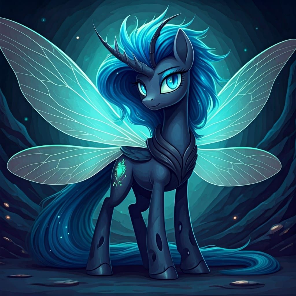 Blue Changeling with Insect Wings in Digital Art Style