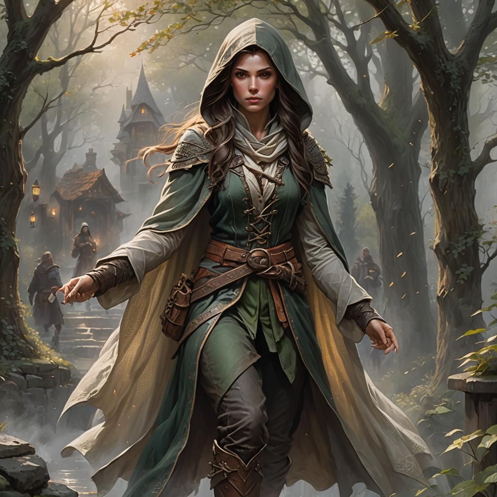 Ethereal Half-Elf Rogue in Misty Fantasy Landscape