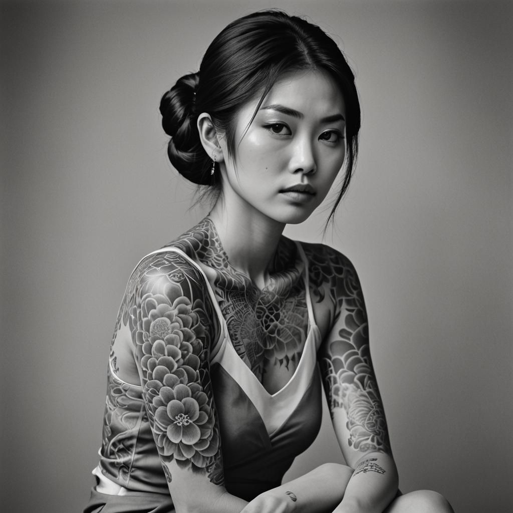 Monochrome Portrait of Japanese Model with Tattoo