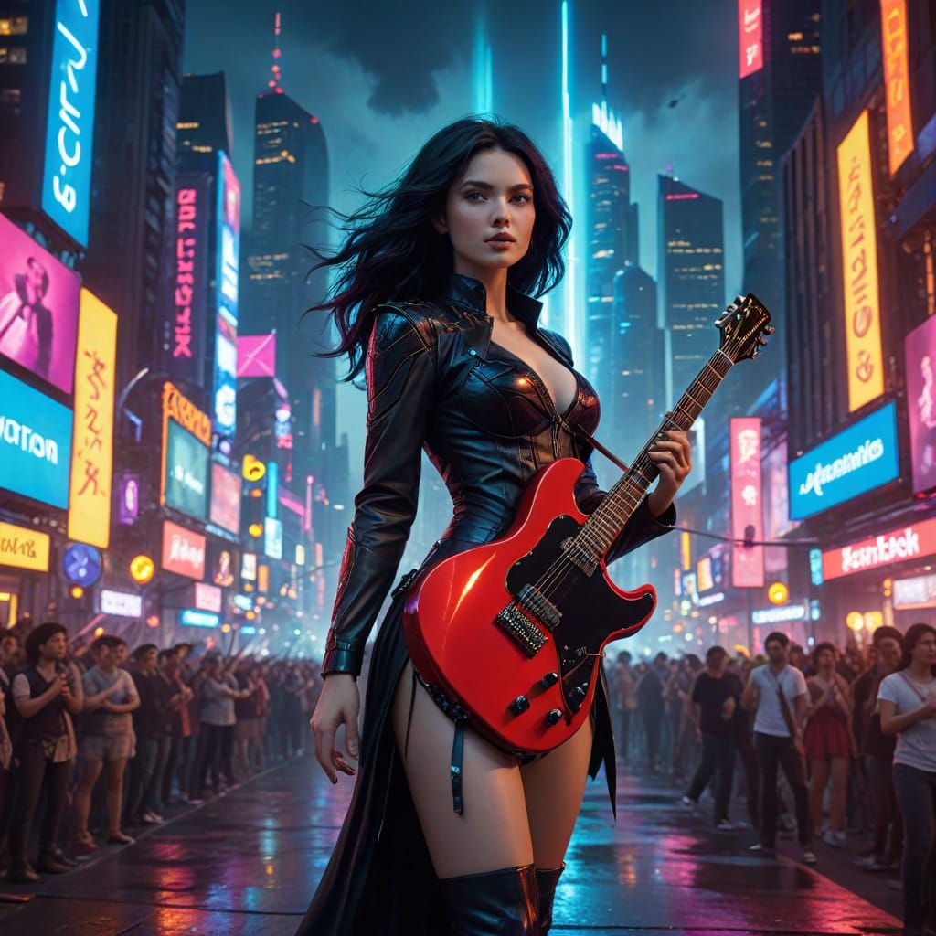 Futuristic Cityscape with Black Haired Woman in Red and Blac...