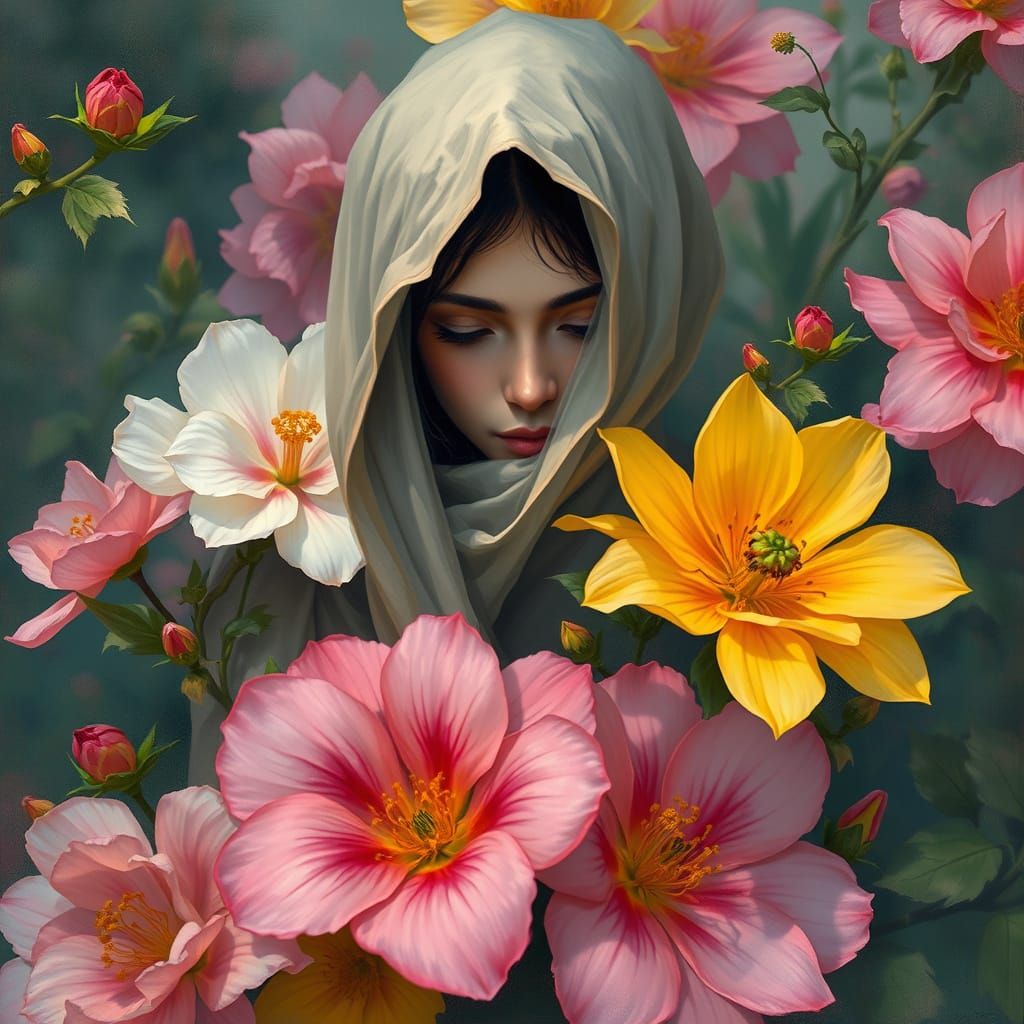 Mystical Figure Surrounded by Vibrant Blooms in Dreamy Impre...