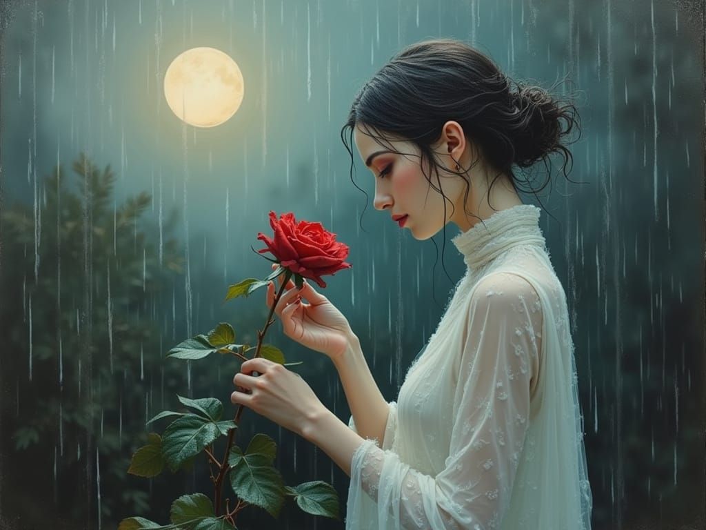 Ethereal Woman in Rainy Moonlit Garden with Red Rose